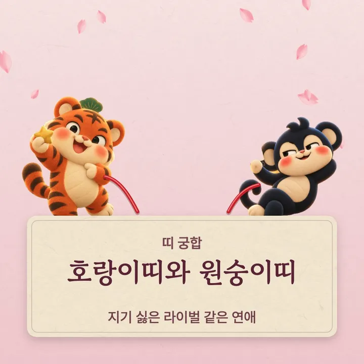 호랑이띠와 원숭이띠 캐릭터가 나란히 선 그림