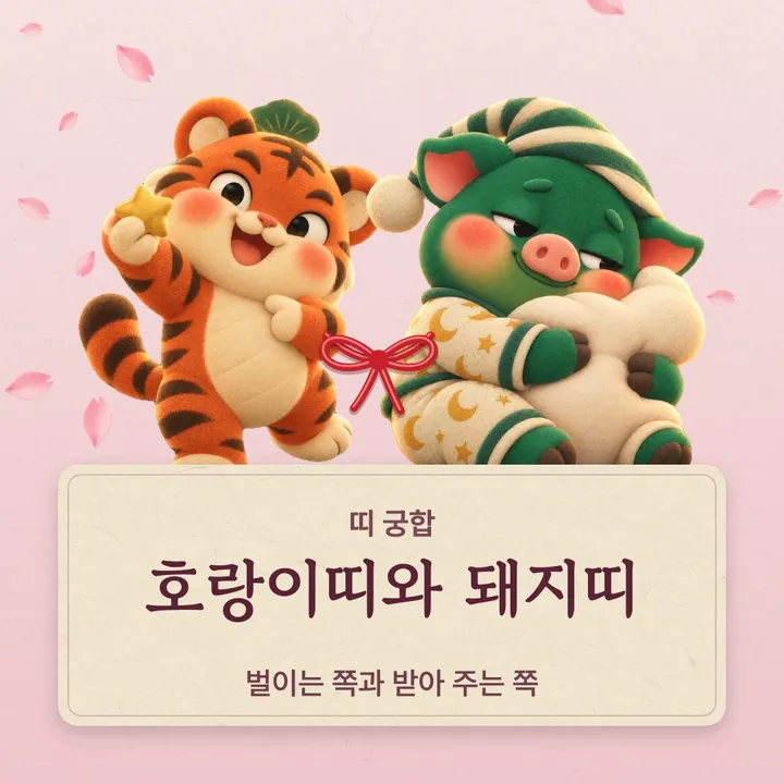 호랑이띠와 돼지띠 캐릭터가 나란히 선 그림