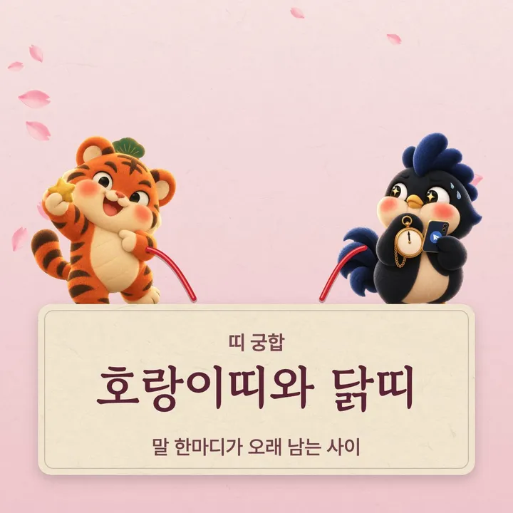 호랑이띠와 닭띠 캐릭터가 나란히 선 그림