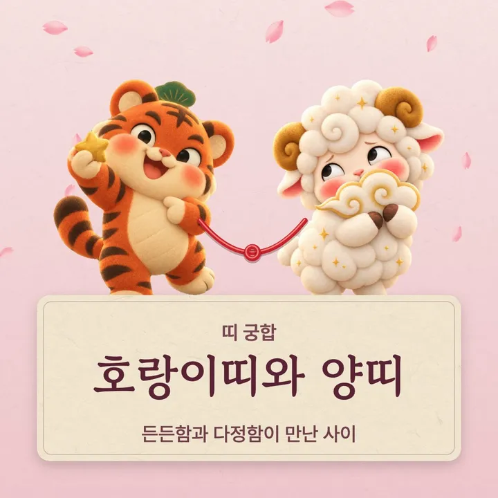 호랑이띠와 양띠 캐릭터가 나란히 선 그림