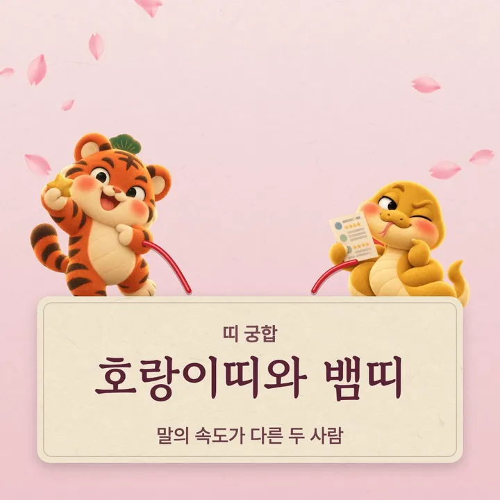 호랑이띠와 뱀띠 캐릭터가 나란히 선 그림